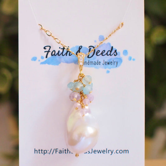 Baroque Pearl Pendant // Flameball Pearl // Long Statement Necklace // Amethyst x Chalcedony // 14K Gold-filled