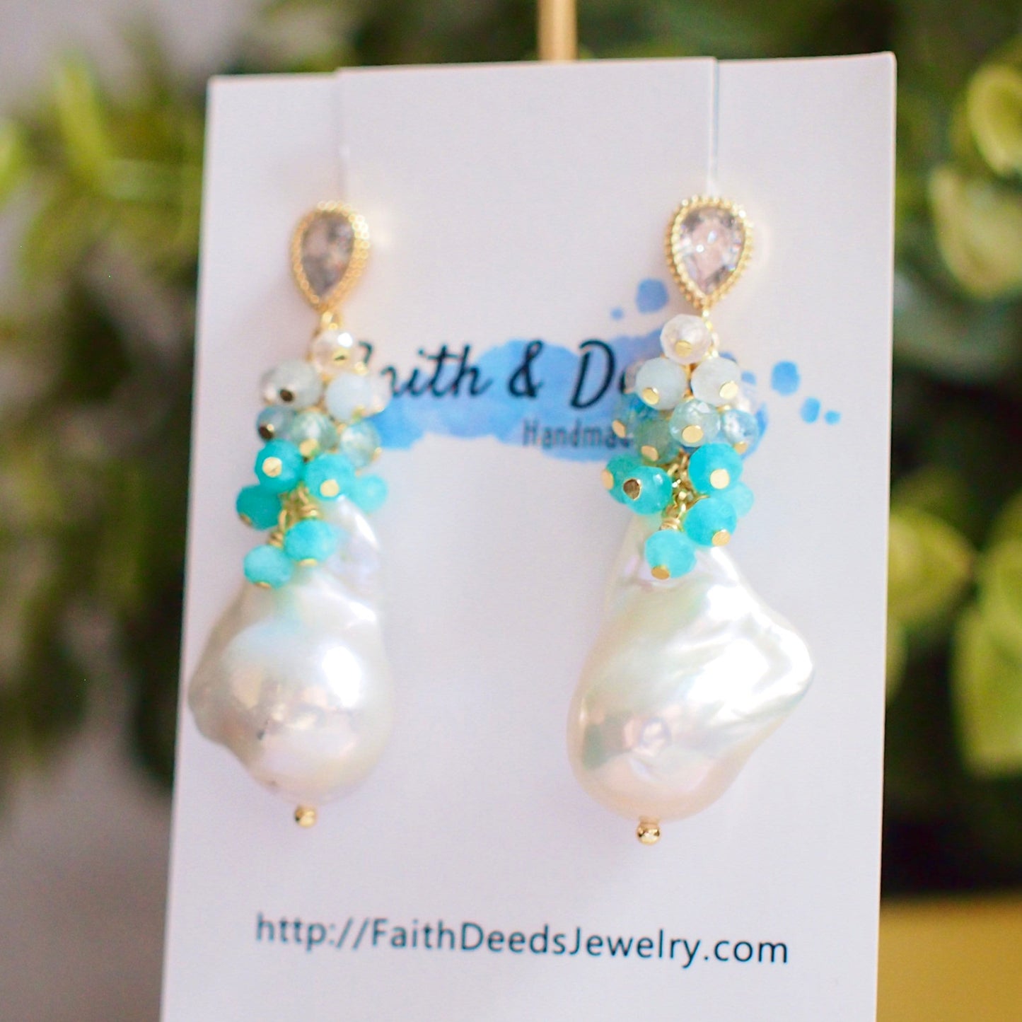 White Baroque Pearl Earrings // Flameball Pearls // Blue Gem Cluster // Ocean Theme // 14K Gold-filled // Sparkly & Stunning