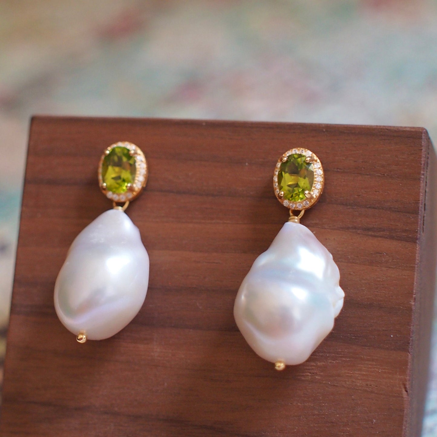Peridot x White Baroque Pearl Earrings // Halo Setting // Cubic Zirconia // 18K Yellow Gold Plated Over Silver