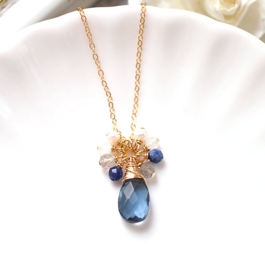 London Blue Quartz Necklace // Gem Pendant // Gem Cluster // 14K Gold-filled // Wire-wrapped // Elegant & Classy