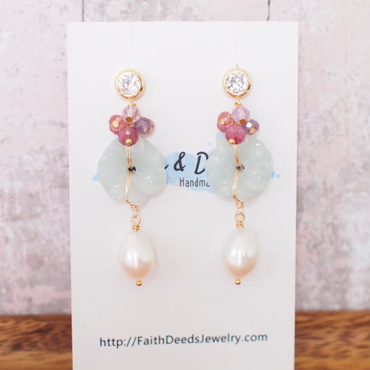 Type A Burmese Carved Jade Flower Earrings // Fresh Water Pearls // 14K Gold-filled // Sweet & Graceful