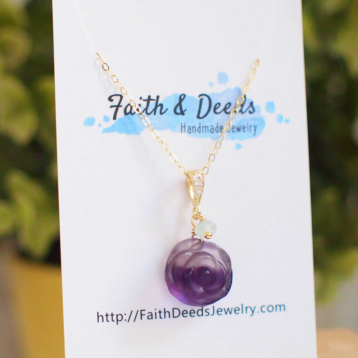 Carved Fluorite Rose Pendant // Gem Pendant // Mint Green Chalcedony Dangle // 14K Gold-filled // Dainty & Charming