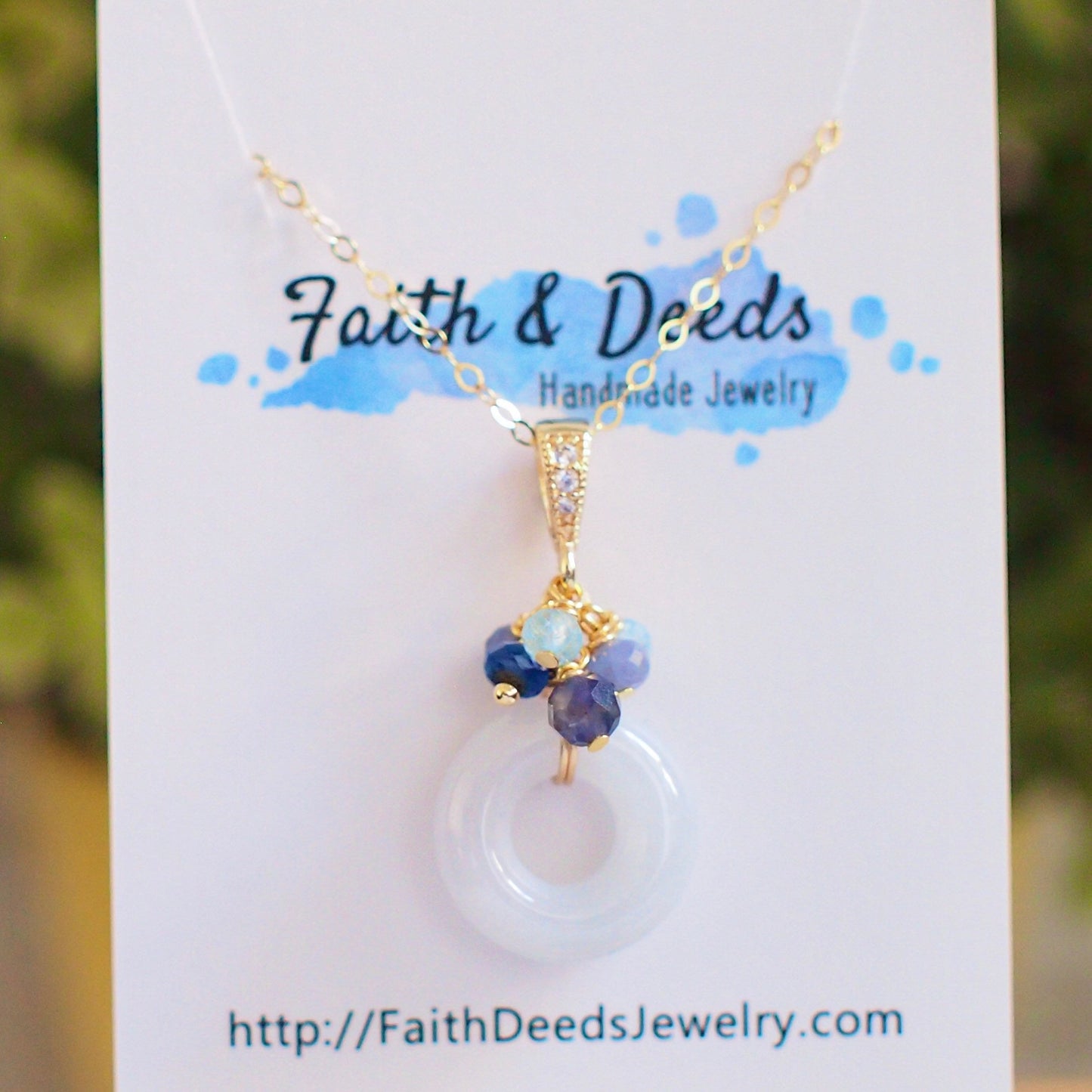 Type A Burmese White Jade Ring Pendant // Blue Gem Cluster // 14K Gold-filled // Dainty & Chic