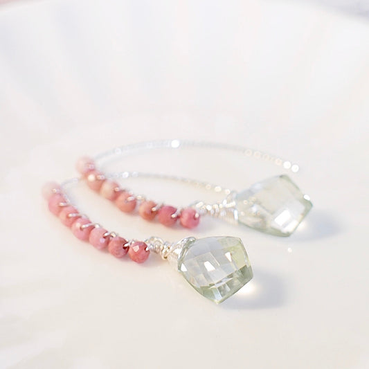 Green Amethyst x Rhodochrosite Earrings // Sparkly & Sweet // 925 Sterling Silver // Wirewrapped