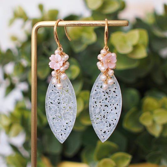 Type A White Carved Jadeite Statement Earrings // Pearl Cluster // 14K Gold-filled // Graceful & Sweet