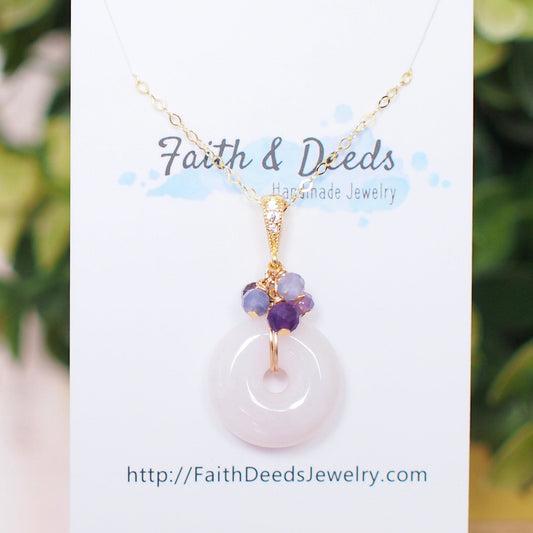 Type A Burmese White Jade Donut Pendant // Purple Gem Cluster // 14K Gold-filled // Elegant & Feminine