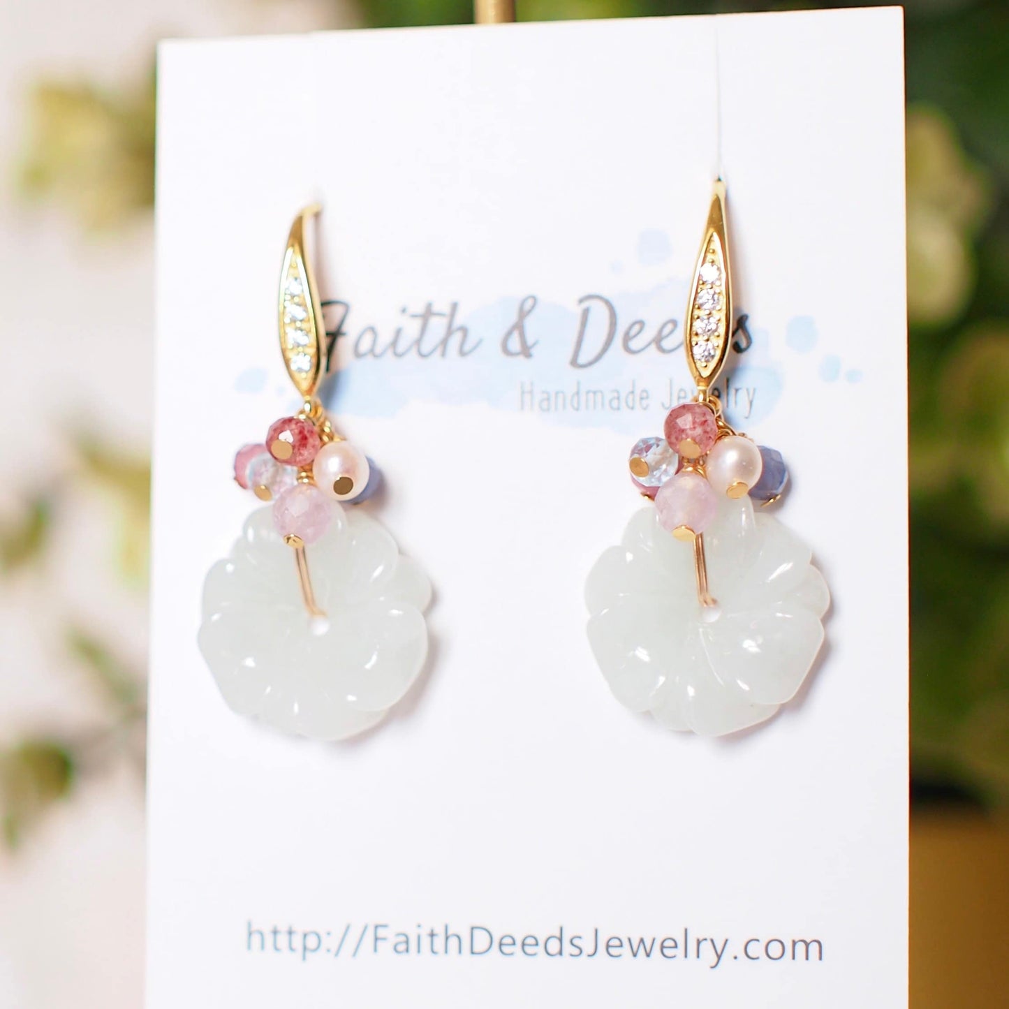 Type A Burmese Carved Jade Flower Earrings // Pastel Gem Cluster // 14K Gold-filled // Sweet & Feminine