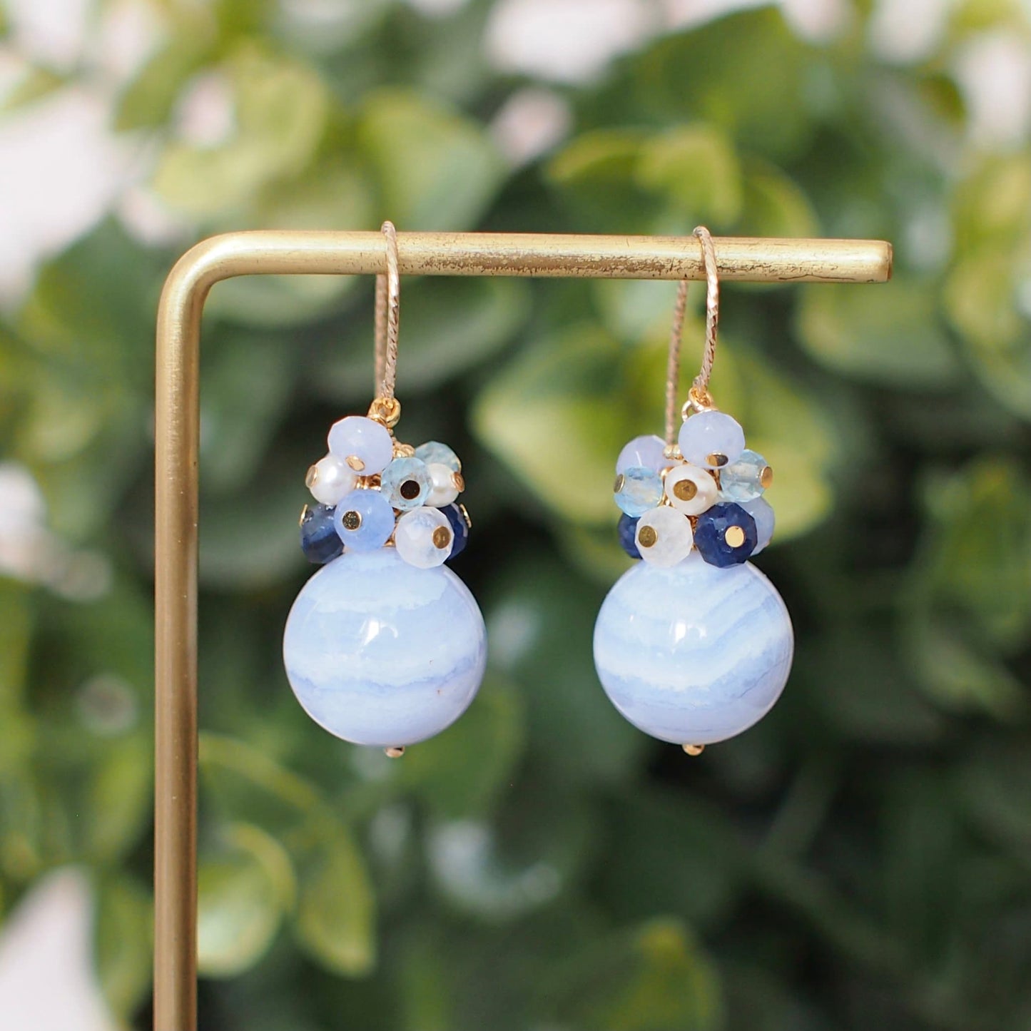 Blue Lace Agate Earrings // Blue Stones x Pearls Cluster// 14K Gold-filled // Lovely & Feminine