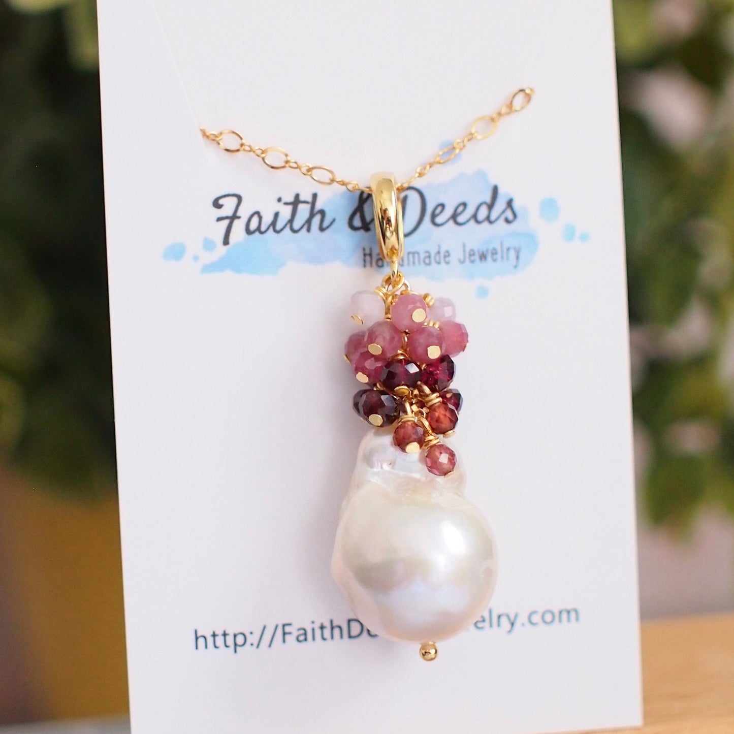 Baroque Pearl x Gem Cluster Pendant // Flameball Pearl // Long Statement Necklace // Garnet x Pink Tourmaline x Amethyst // 14K Gold-filled