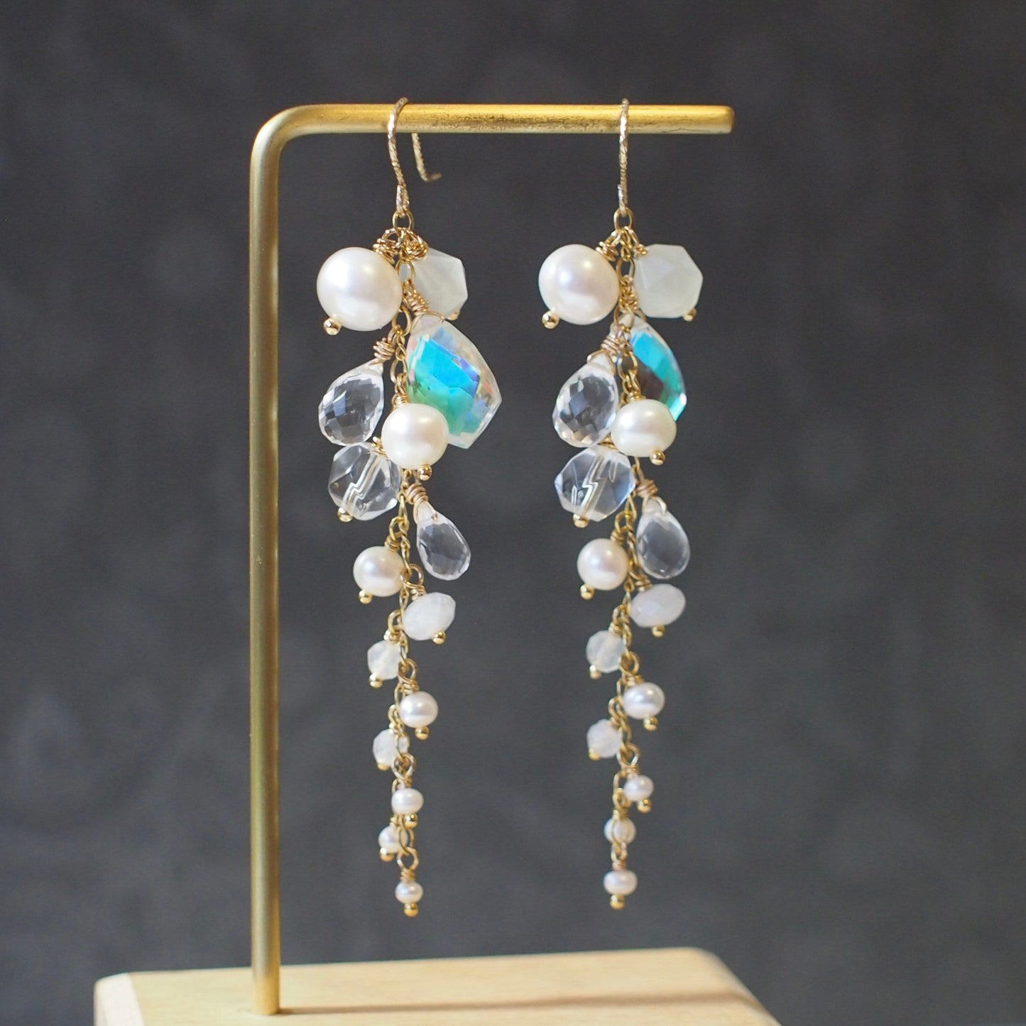 Multi Stones Dangle Earrings // White Theme // Dangling Style // Gems Cluster // Sparkly & Graceful // 14K Gold-filled // Bridal