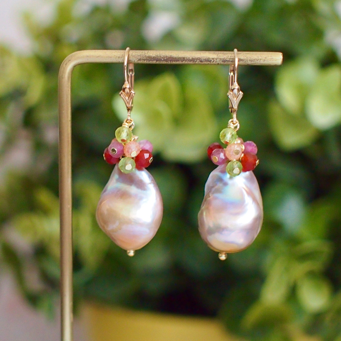 Rainbow Baroque Pearl Earrings // Gems Cluster // Flameball Pearls // 14K Gold-filled