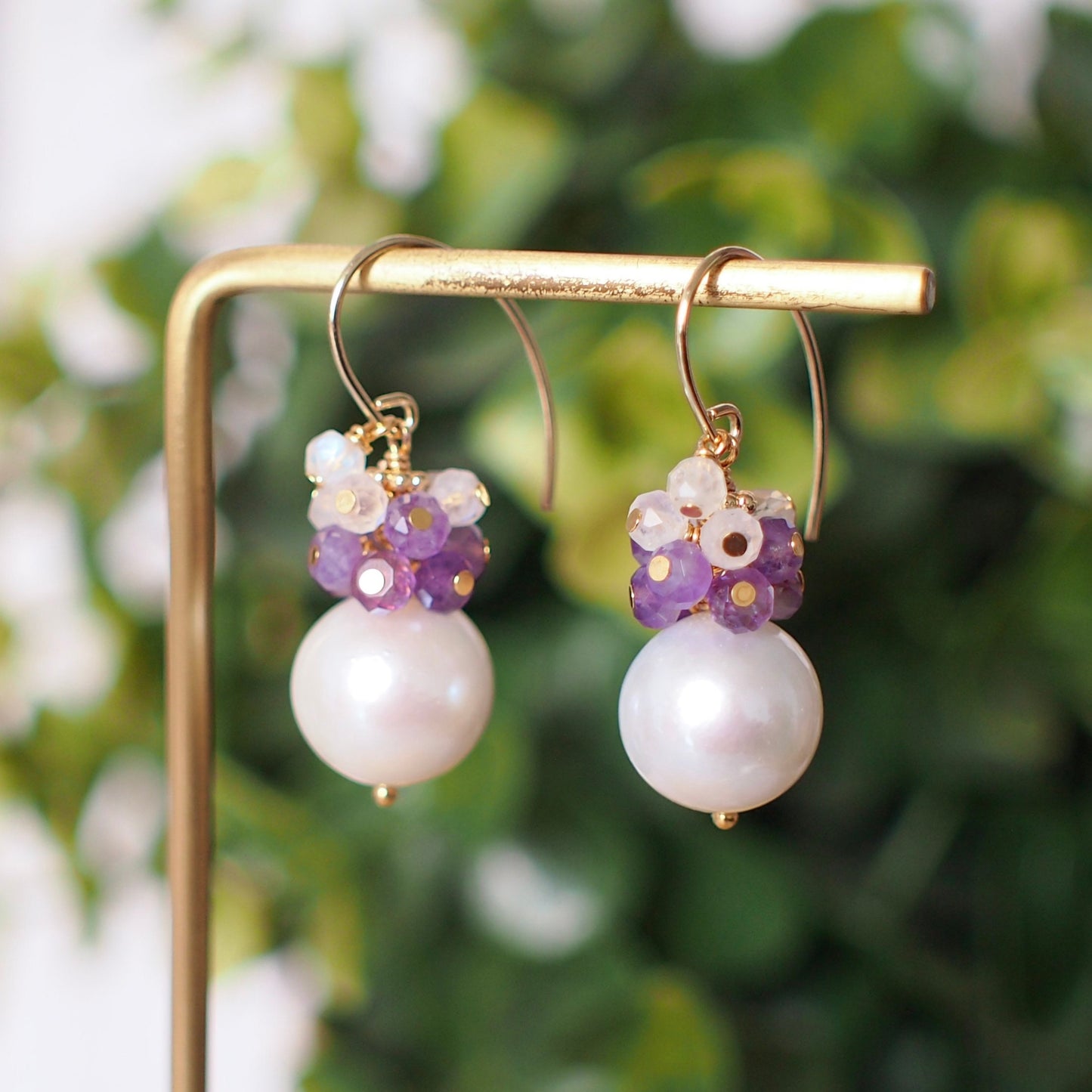 Fresh Water Pearl Earrings // Gem Cluster // Amethyst x Moonstones // 14K Gold-filled // Sweet & Dreamy