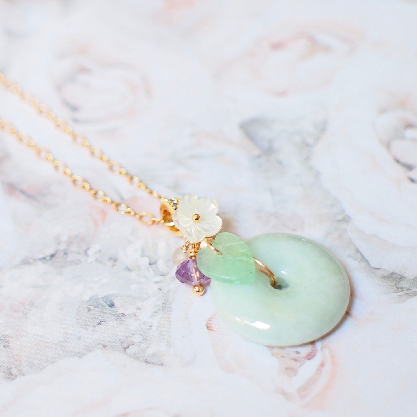 Type A Burmese Jade Donut Pendant // Long Statement Necklace // Lovely & Gorgeous // 14K Gold-filled
