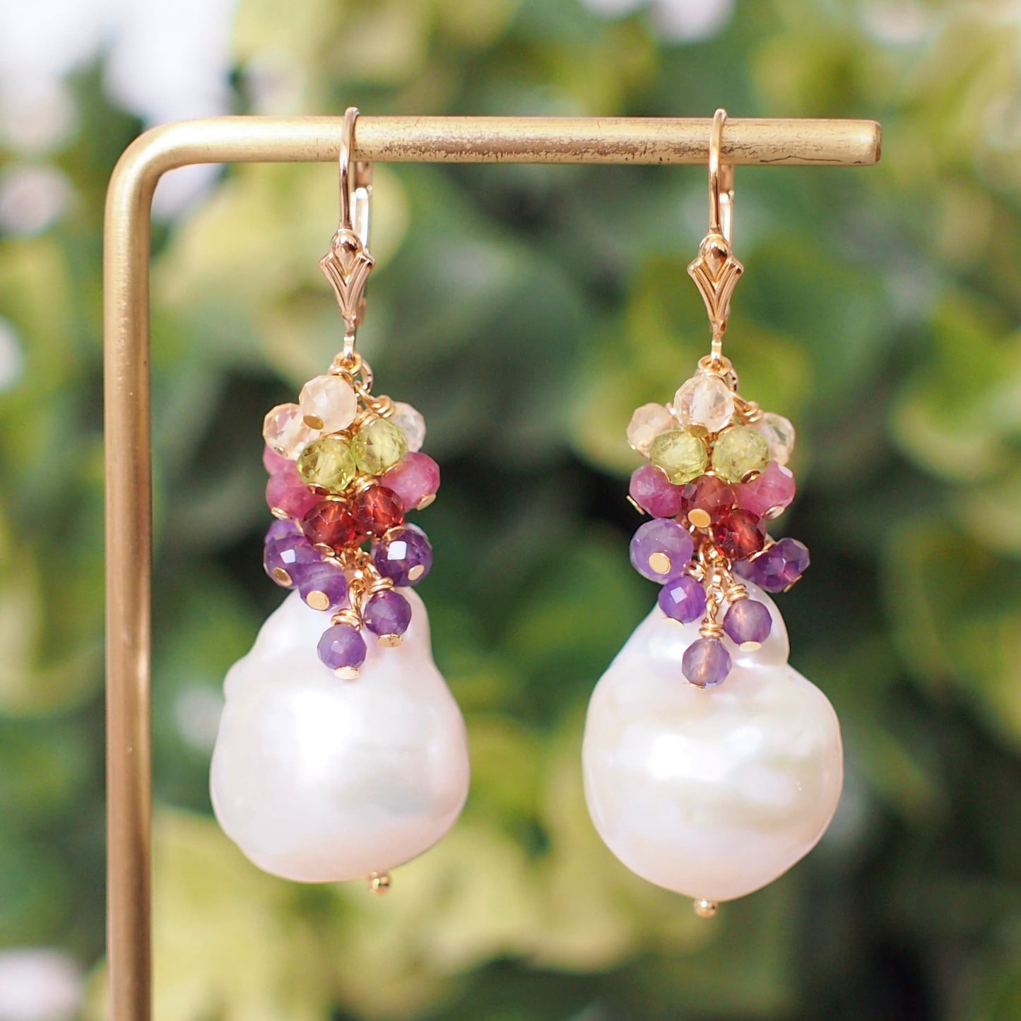 Baroque Pearl Earrings // Flameball Pearls// Colourful Gems Cluster // Elaborated // 14K Gold-filled // Elegant & Gorgeous