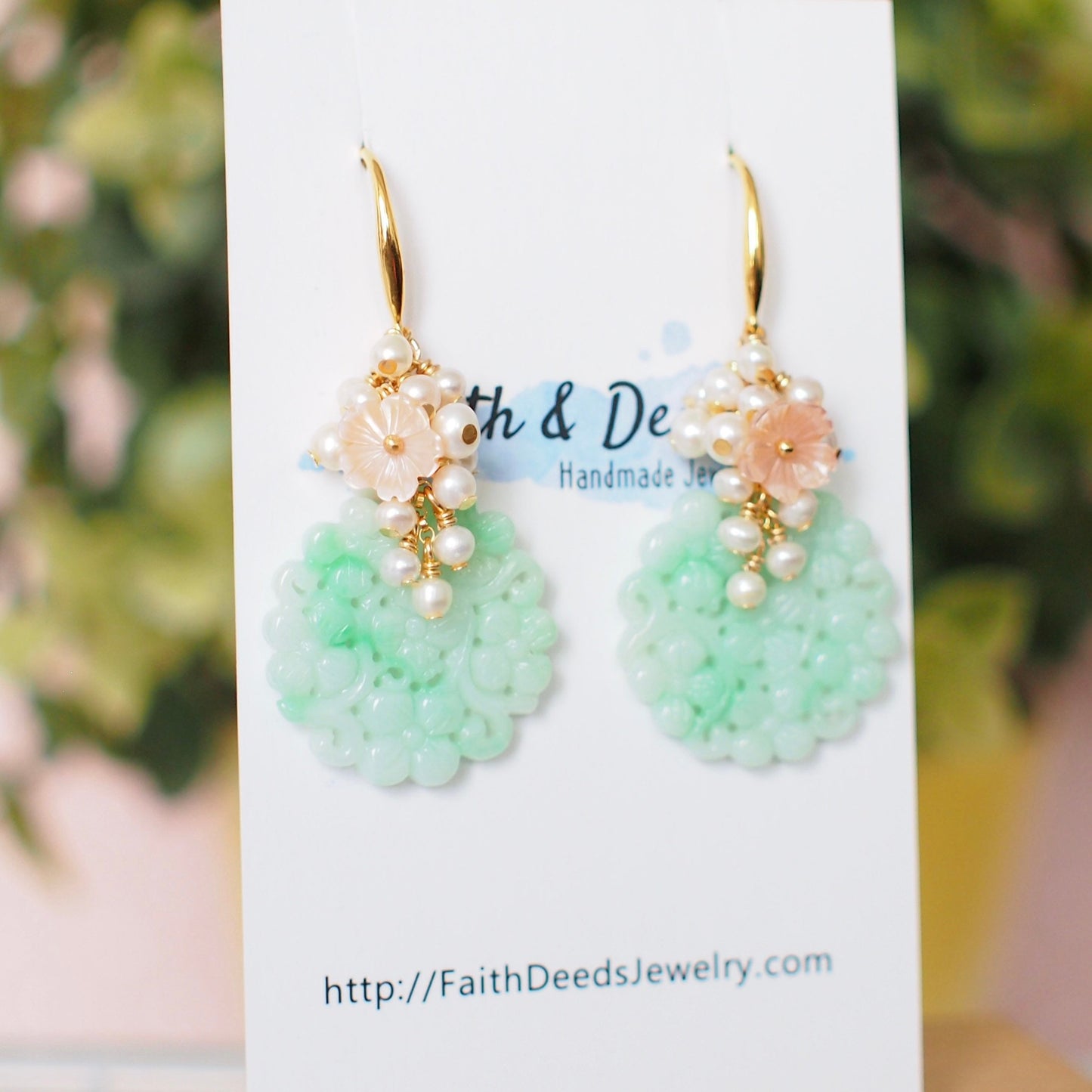 Type A Carved Jadeite Statement Earrings // Pearl Cluster // 14K Gold-filled // Feminine & Elegant
