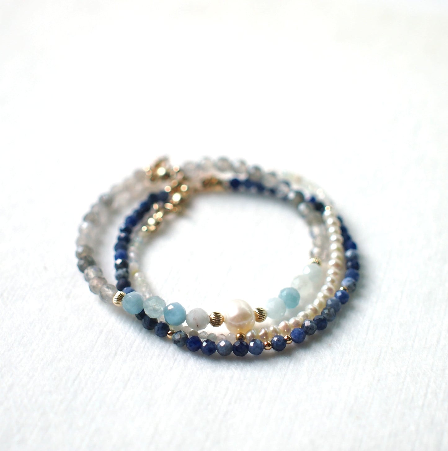 Aquamarine x Labradorite Bracelet // Pearl Charm // Dainty // 14K Gold-filled