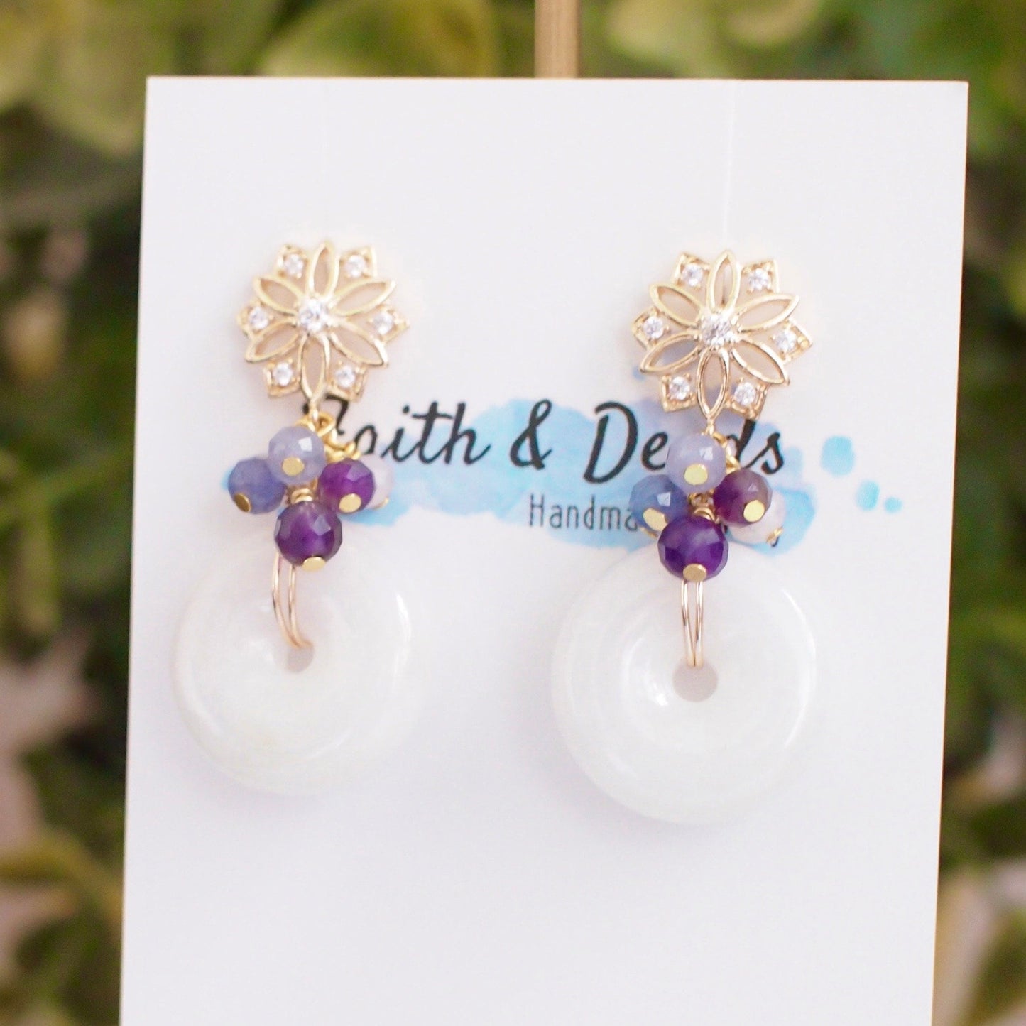 Type A Burmese White Jade Donut Earrings // Purple Gem Cluster // 14K Gold-filled // Modern & Classy