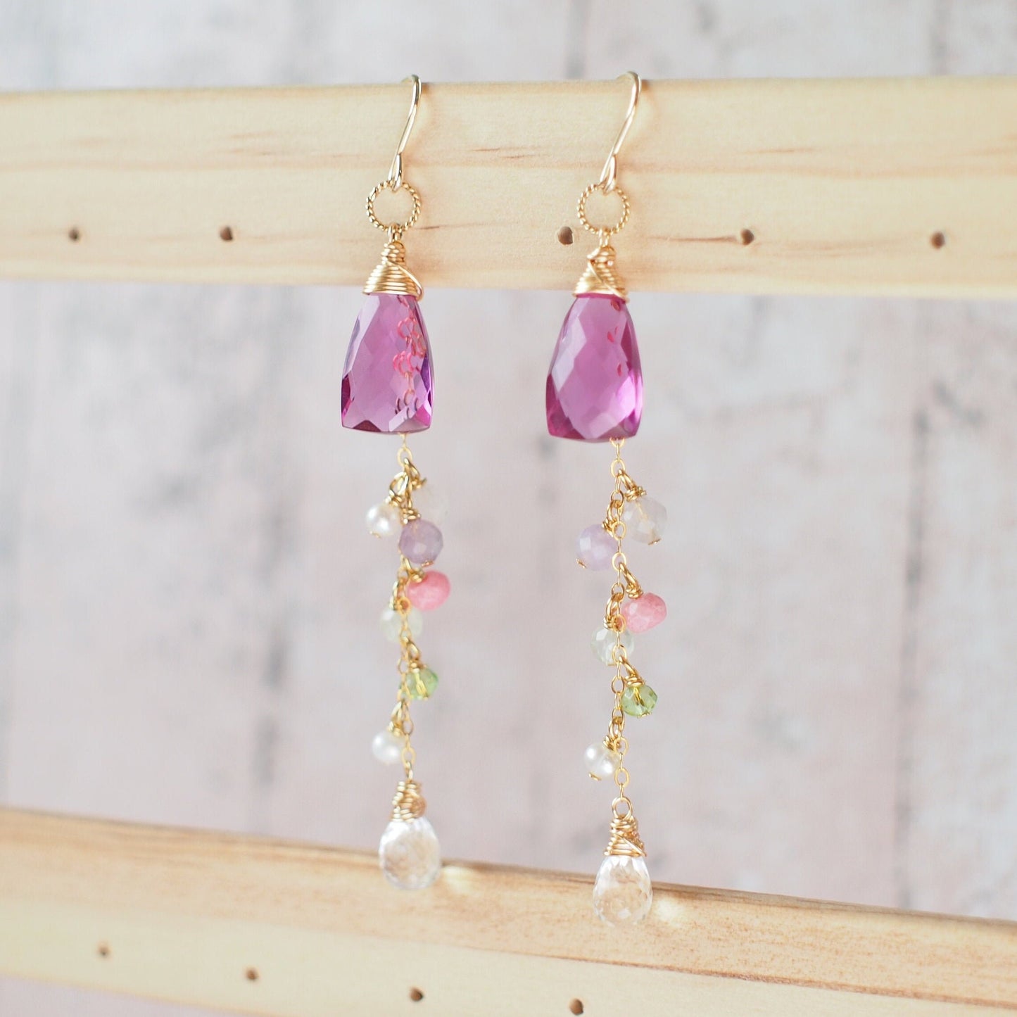 Rhodolite Pink Quartz Earrings // Dangling Style // 14K Gold-filled // Wire-wrapped // Assorted Gems // Sweet & Sassy