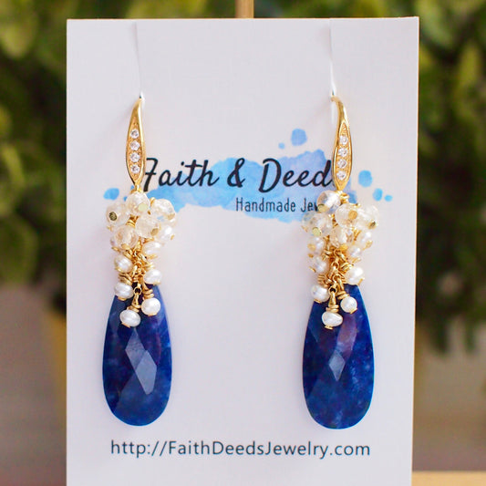 Sodalite Earrings // Statement Earrings // Gem Cluster // Pearls x Citrine Quartz // 14K Gold-filled // Elegant & Striking