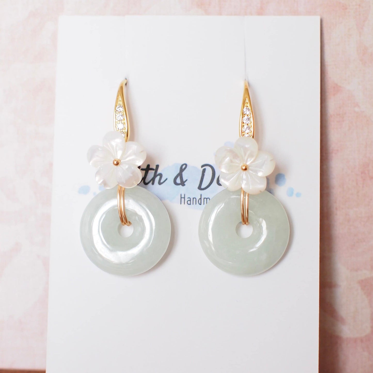 Type A Burmese Jade Donut Earrings // White Flower // 14K Gold-filled // Graceful and Gorgeous