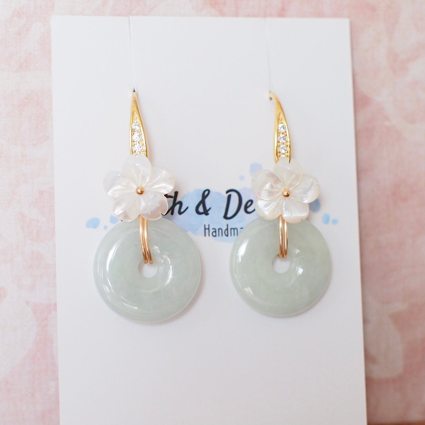 Type A Burmese Jade Donut Earrings // White Flower // 14K Gold-filled // Graceful and Gorgeous