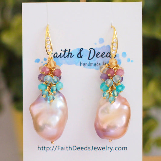 Rainbow Baroque Pearl Earrings // Gems Cluster // Flameball Pearls // Unicorn Colour // 14K Gold-filled // Colourful and Fun