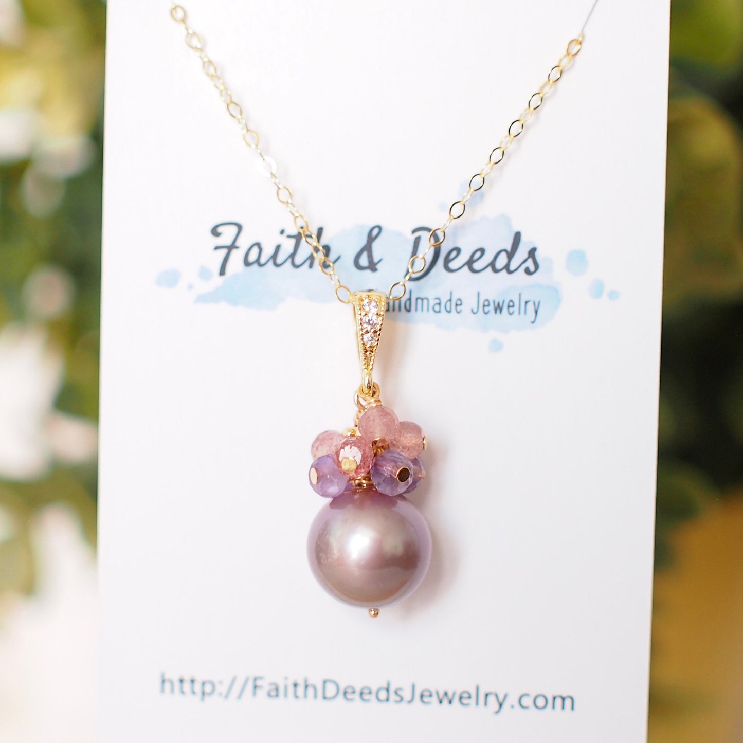 Edison Pearl Pendant // Natural Pinkish Purple // Amethyst x Strawberry Quartz Cluster // 14K Gold-filled