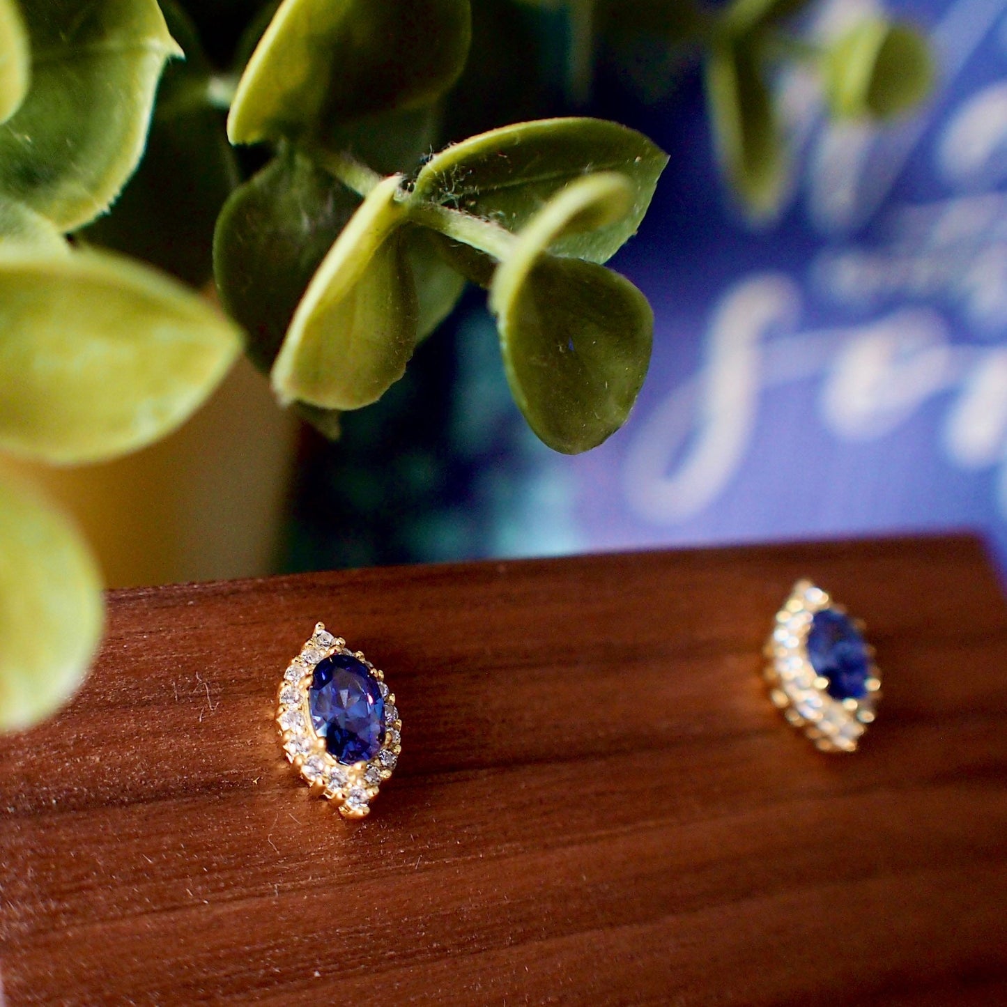 Blue Spinel Earrings // Halo Setting // Cubic Zirconia // 14K Yellow Gold Plated Over Silver