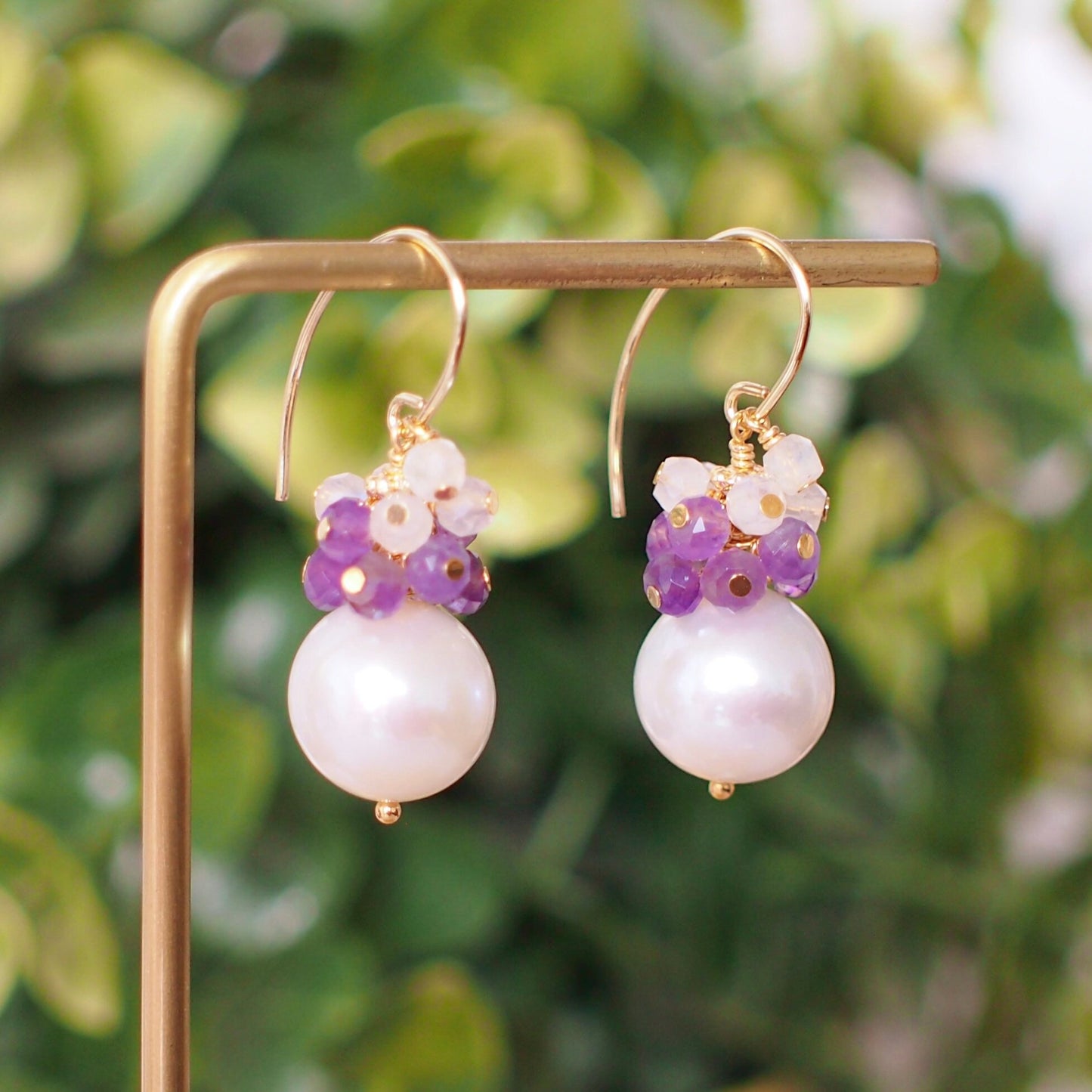 Fresh Water Pearl Earrings // Gem Cluster // Amethyst x Moonstones // 14K Gold-filled // Sweet & Dreamy