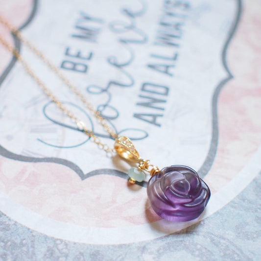 Carved Fluorite Rose Pendant // Gem Pendant // Mint Green Chalcedony Dangle // 14K Gold-filled // Dainty & Charming