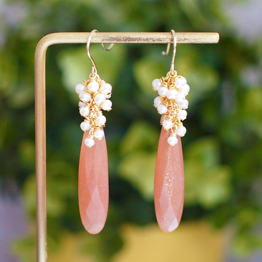 Sunstone Earrings // Statement Earrings // Pearl Cluster // 14K Gold-filled // Wire-wrapped // Elegant & Timeless