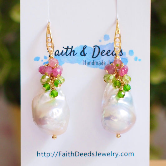 Baroque Pearl Earrings // Statement Earrings // Gems Cluster // Pink Tourmaline x Apatite x Peridot // 14K Gold-filled