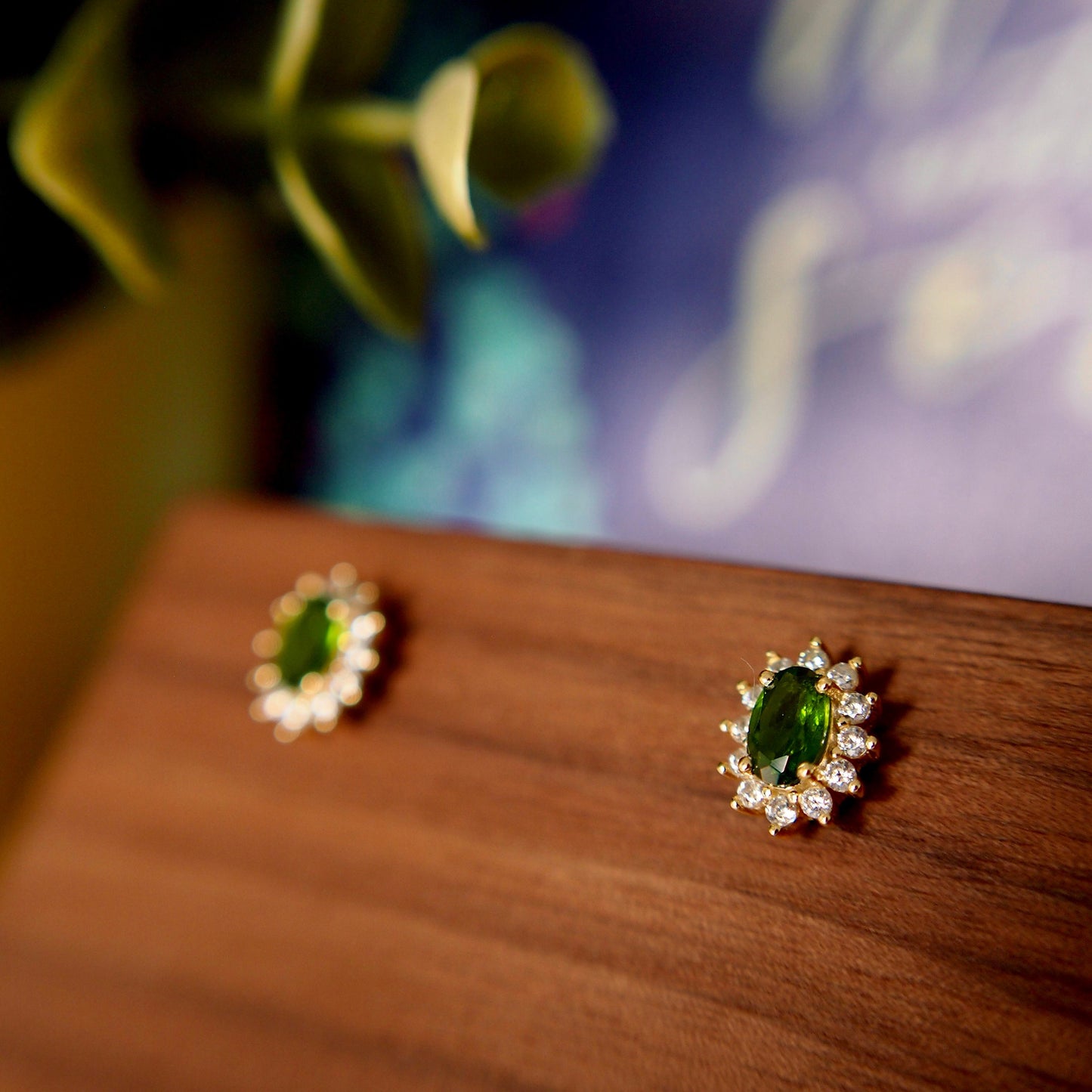 Diopside Earrings // Halo Setting // Cubic Zirconia // 14K Yellow Gold Plated Over Silver