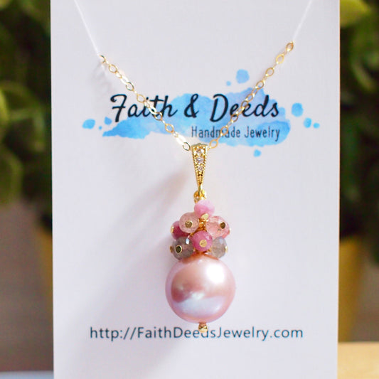 Edison Pearl Pendant // Natural Pinkish Purple // Gem Cluster // 14K Gold-filled