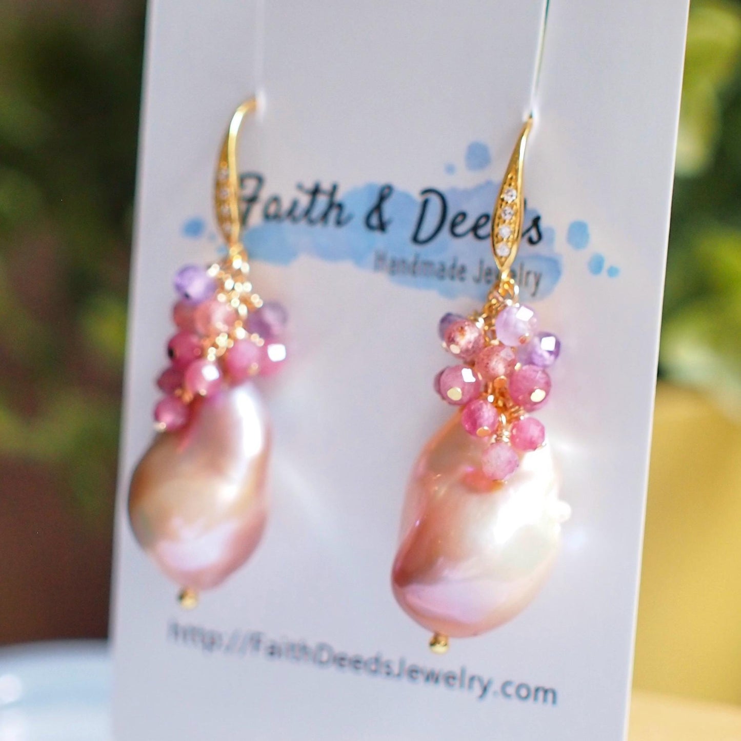 Rainbow Baroque Pearl Earrings // Gems Cluster // Flameball Pearls // Pink Gem Cluster // 14K Gold-filled