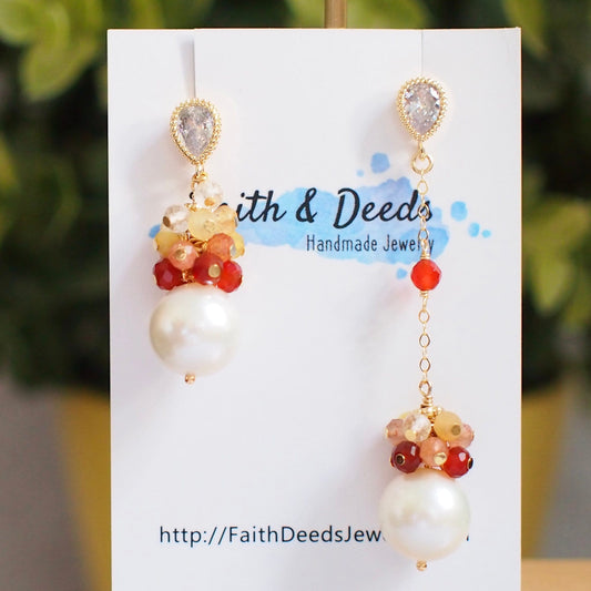 Fresh Water Pearl Earrings // Gem Cluster // Orange Agate // 14K Gold-filled // Asymmetrical // Ombré Style
