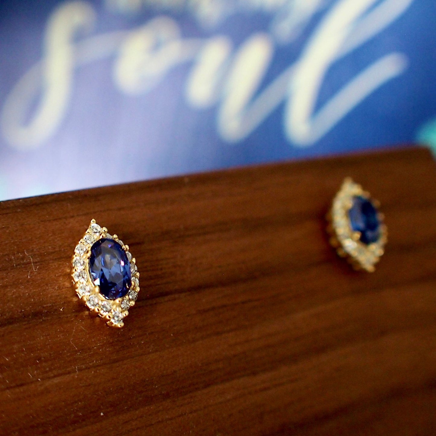 Blue Spinel Earrings // Halo Setting // Cubic Zirconia // 14K Yellow Gold Plated Over Silver