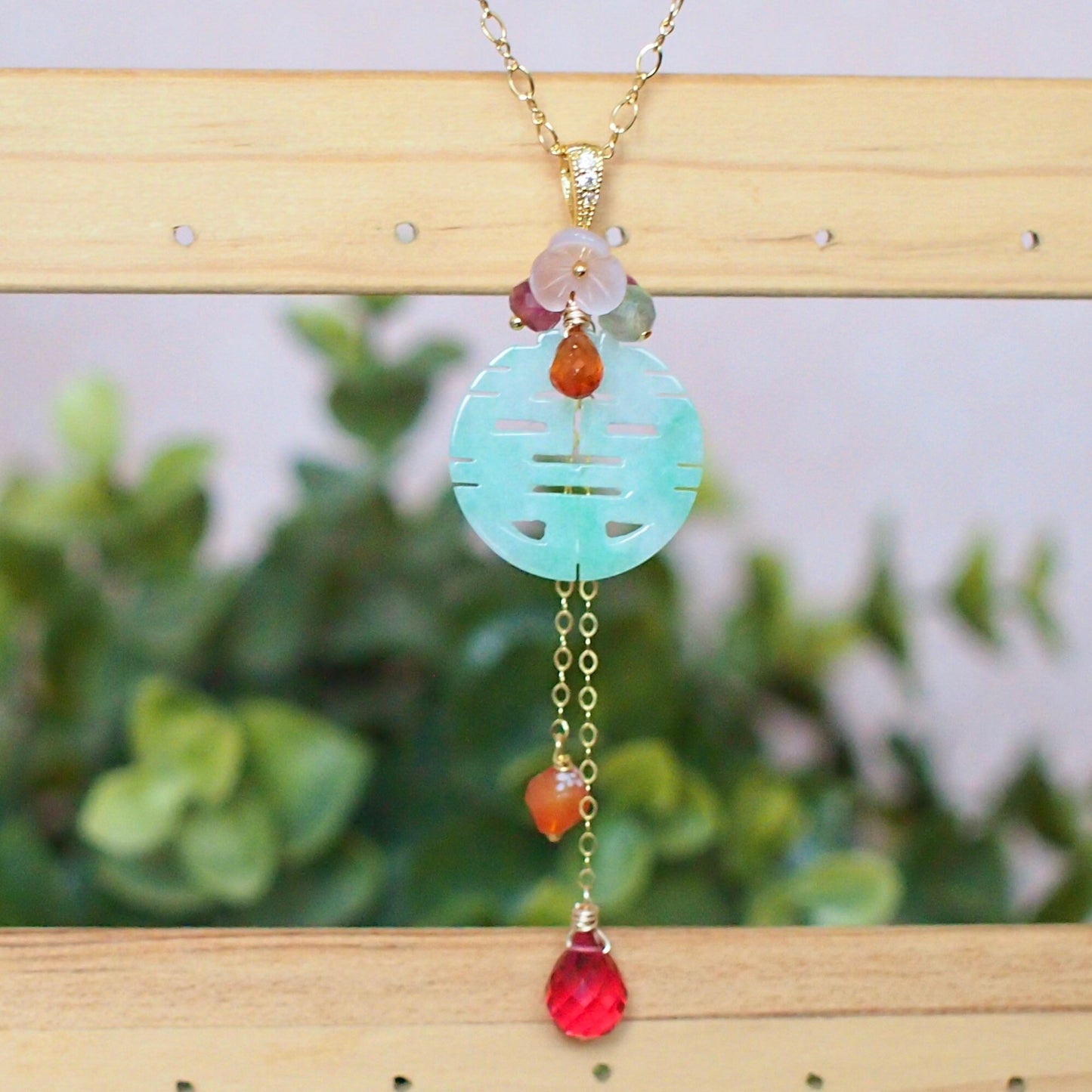 Type A Carved 囍 Jadeite Pendant // Long Statement Necklace // Bold & Gorgeous // 14K Gold-filled