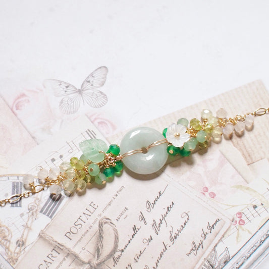 Type A Burmese Jade Donut Bracelet // Floral Design // 14K Gold-filled // Refreshing & Youthful