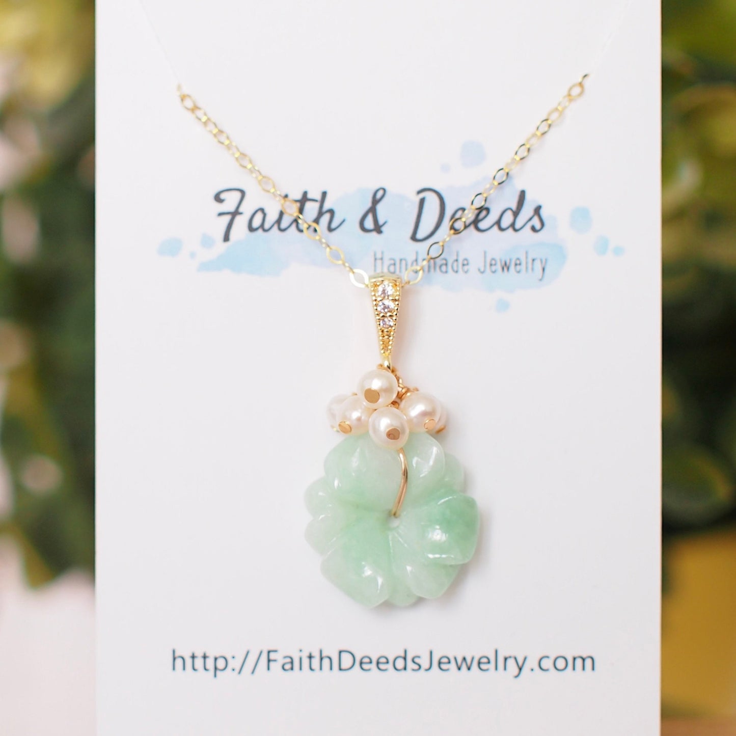 Type A Burmese Jade Flower Pendant // Fresh Water Pearl// 14K Gold-filled // Sweet & Classy