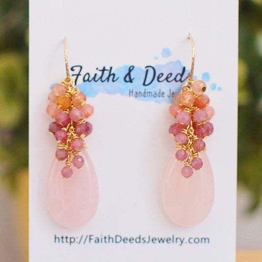 Rose Quartz Earrings // Statement Earrings // 14K Gold-filled // Gem Cluster // Sweet & Stunning