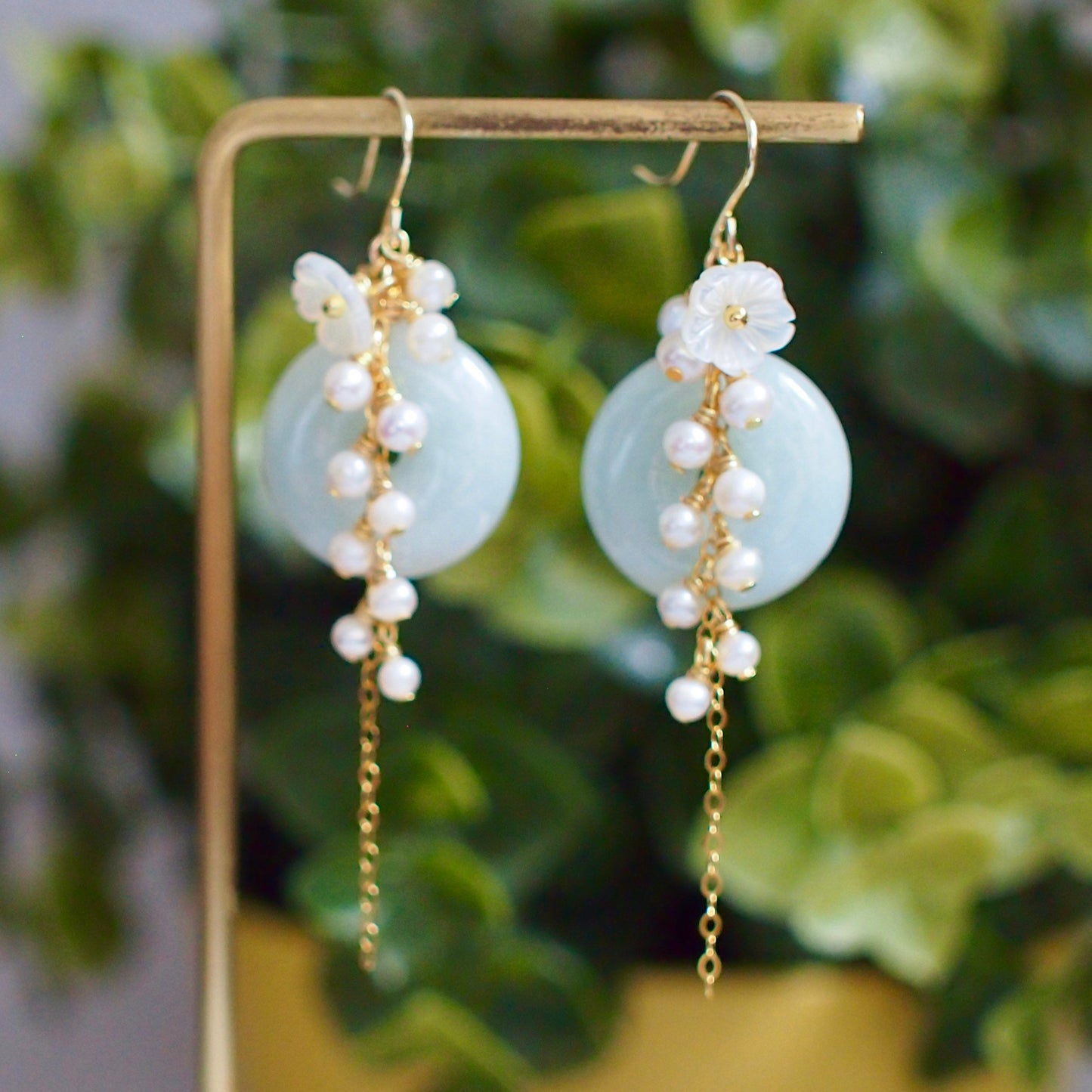 Type A Burmese Jade Donut Earrings // Pearl Cluster // Mother of Pearl Flower // 14K Gold-filled // Elegant and Sweet