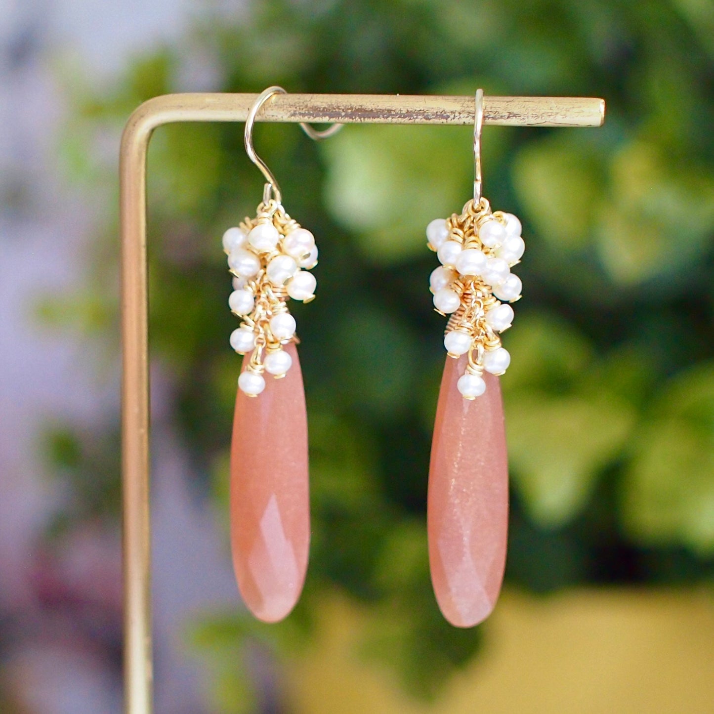 Sunstone Earrings // Statement Earrings // Pearl Cluster // 14K Gold-filled // Wire-wrapped // Elegant & Timeless