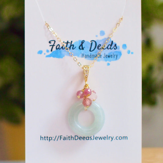 Type A Burmese Green Jade Ring Pendant // Pink Gem Cluster // 14K Gold-filled // Dainty & Sweet