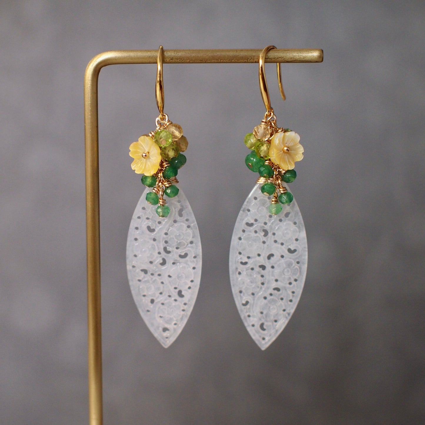 Type A White Carved Jadeite Statement Earrings // Gem Cluster // Aventurine x Peridot x Citrine Quartz // 14K Gold-filled// Modern & Elegant
