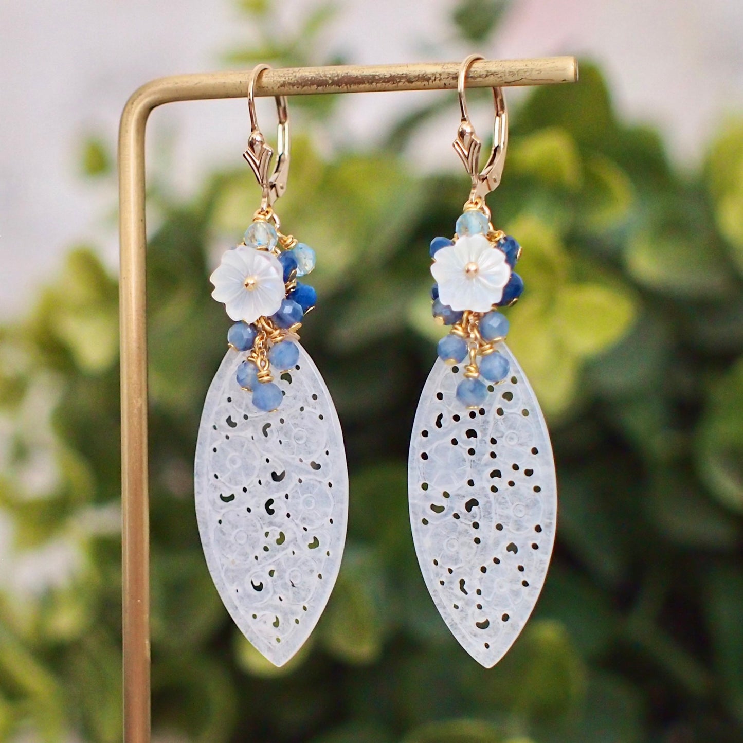 Type A White Carved Jadeite Statement Earrings // Blue Gem Cluster // 14K Gold-filled // Graceful & Regal