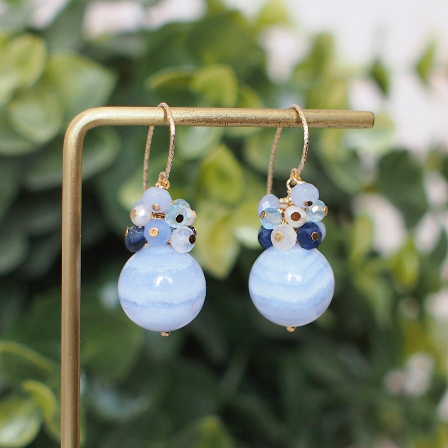 Blue Lace Agate Earrings // Blue Stones x Pearls Cluster// 14K Gold-filled // Lovely & Feminine