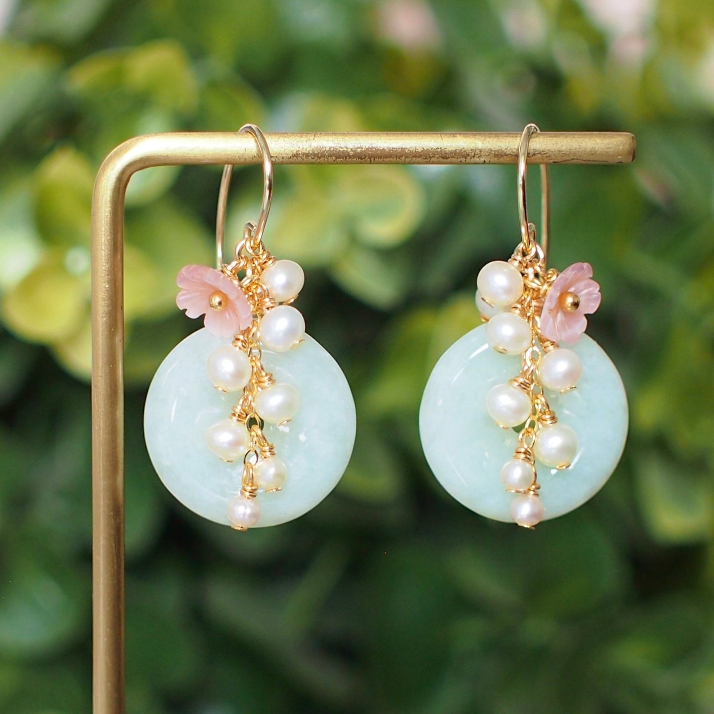 Type A Burmese Jade Donut Earrings // Pearl Cluster // Mother of Pearl Flower // 14K Gold-filled // Romantic & Graceful