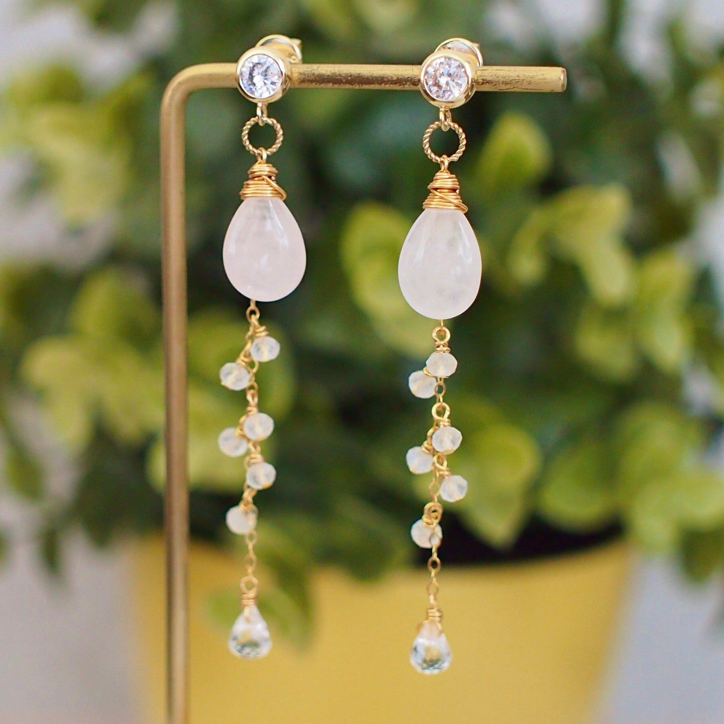 Rose Quartz Earrings // Dangling Style // Moonstones // 14K Gold-filled // Wire-wrapped // Sweet & Tasteful
