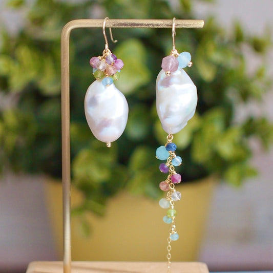 Baroque Pearl x Rainbow Gems Earrings // Asymmetrical Statement Earrings // Gems Cluster // 14K Gold-filled// One of a kind